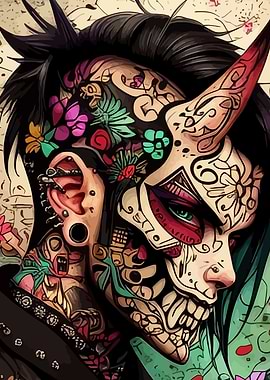 Tattooed Oni Mask with Floral Motifs