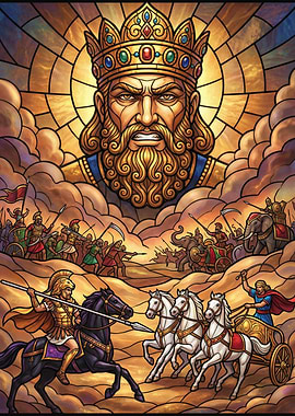Ancient Battle Scene with King and Chariots