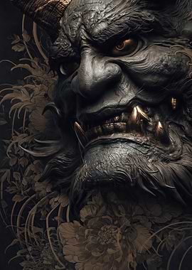 Demonic Oni Mask with Floral Background