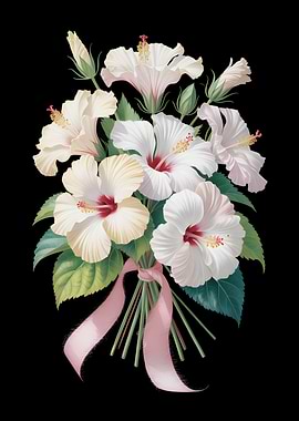 White Hibiscus Bouquet with Pink Ribbon