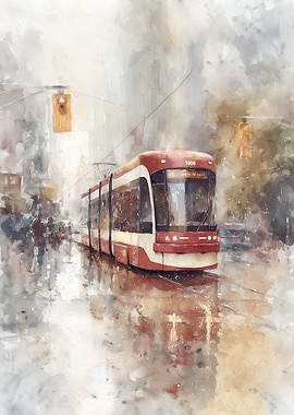 Red and White Tram in Rainy City