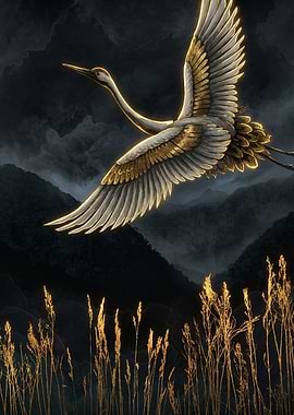 Golden Crane Flying Over Mountains