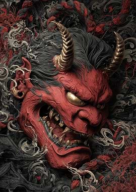 Red Oni Mask with Golden Horns