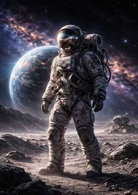 Astronaut on alien planet with Earth in background