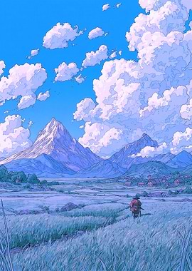 Samurai in a field with mountains