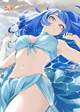 Anime Girl in Blue Bikini by the Water