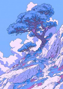 Serene Mountain Path with Blue Trees