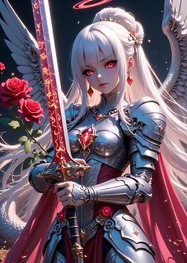 Anime Angel Warrior with Sword and Roses
