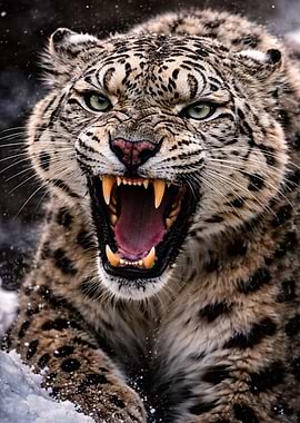 Snow Leopard Roaring in Snow