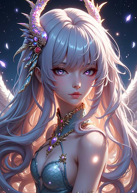 Anime Angel with White Hair and Purple Eyes