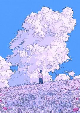 Boy Reaching for Clouds in a Field