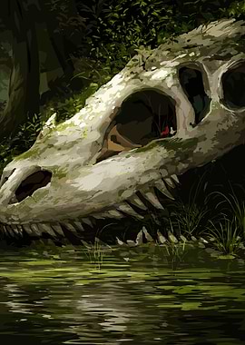 Dinosaur Skull in Lush Jungle