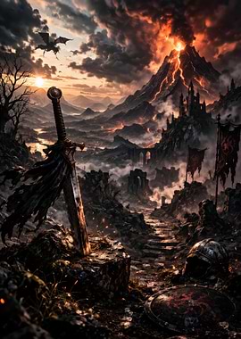 Epic Fantasy Landscape with Volcano and Sword