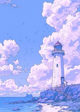 Lighthouse on a rocky coast with clouds