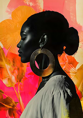 Woman with Large Gold Earrings and Tropical Leaves