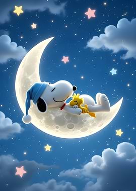 Snoopy and Woodstock Sleeping on the Moon