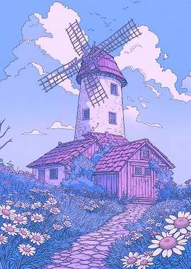 Pastel Windmill and Flower Field