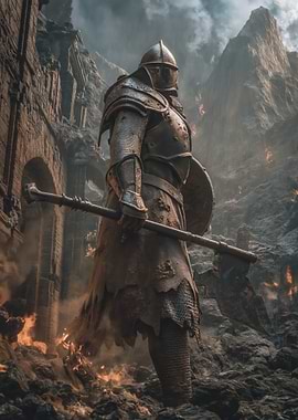Armored Knight in Fiery Ruins