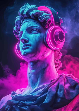 Statue with Neon Headphones and Smoke