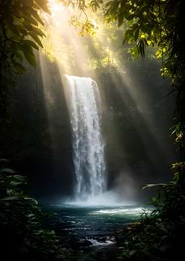 Misty Waterfall in a Lush Forest