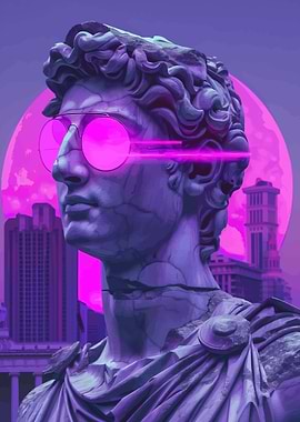 Vaporwave Statue with Neon Glasses