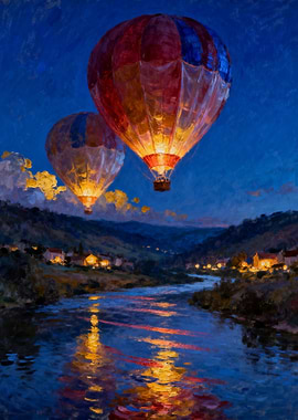 Hot Air Balloons Over a River at Dusk
