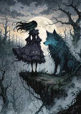 Gothic Girl and Wolf Under the Moon