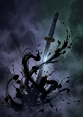 Samurai Sword with Ink Splatter
