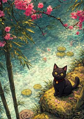 Black Cat by Cherry Blossoms and Pond