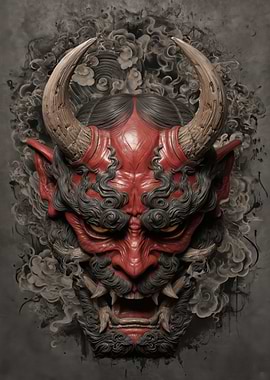 Red Oni Mask with Horns and Smoke