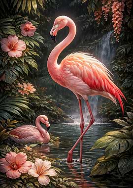 Flamingos in a Tropical Waterfall Garden