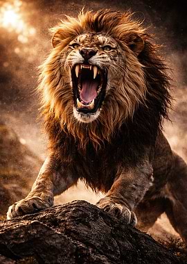 Roaring Lion on Rocky Outcrop
