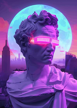 Retro Futuristic Statue in Cityscape