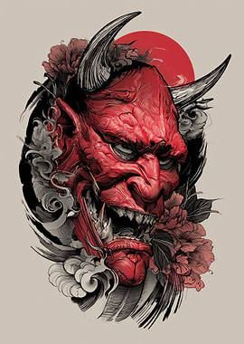 Red Oni Mask with Flowers