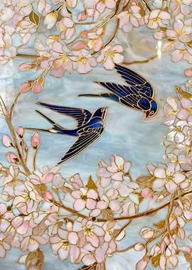 Swallows and Cherry Blossoms Stained Glass