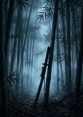 Katana in a Misty Bamboo Forest