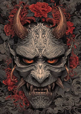 Demonic Oni Mask with Flowers