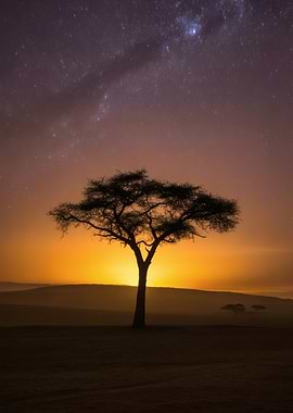 Savanna Starlight - Lone Acacia Under the Milky Way
