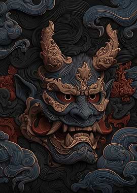 Intricate Oni Mask with Swirling Background