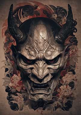 Japanese Oni Mask with Flowers