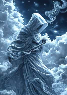 Mysterious hooded figure in clouds