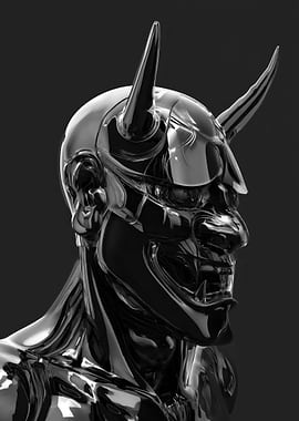 Chrome Oni Mask Sculpture