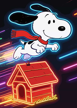 Snoopy flying over his doghouse