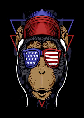 Monkey Wearing American Flag Sunglasses and Cap