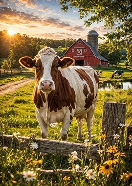 Cow in a Farm Field at Sunset