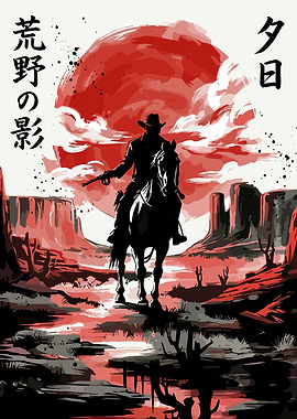 Cowboy Silhouette Against a Red Sun
