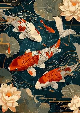 Koi Fish and Lotus Flowers