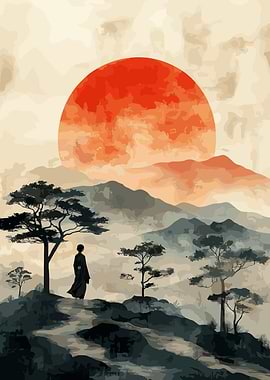 Solitary figure in a Japanese landscape