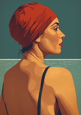 Woman in Red Swim Cap by the Sea