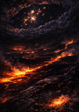 Fiery Landscape Under Starry Sky